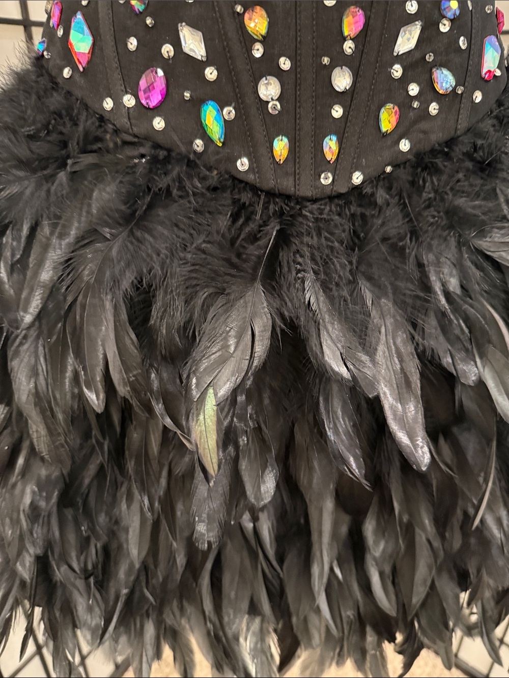 Black Feathered Bodice Dress with Multicolor Gem Embellishment lace up back - Picture 3 of 3